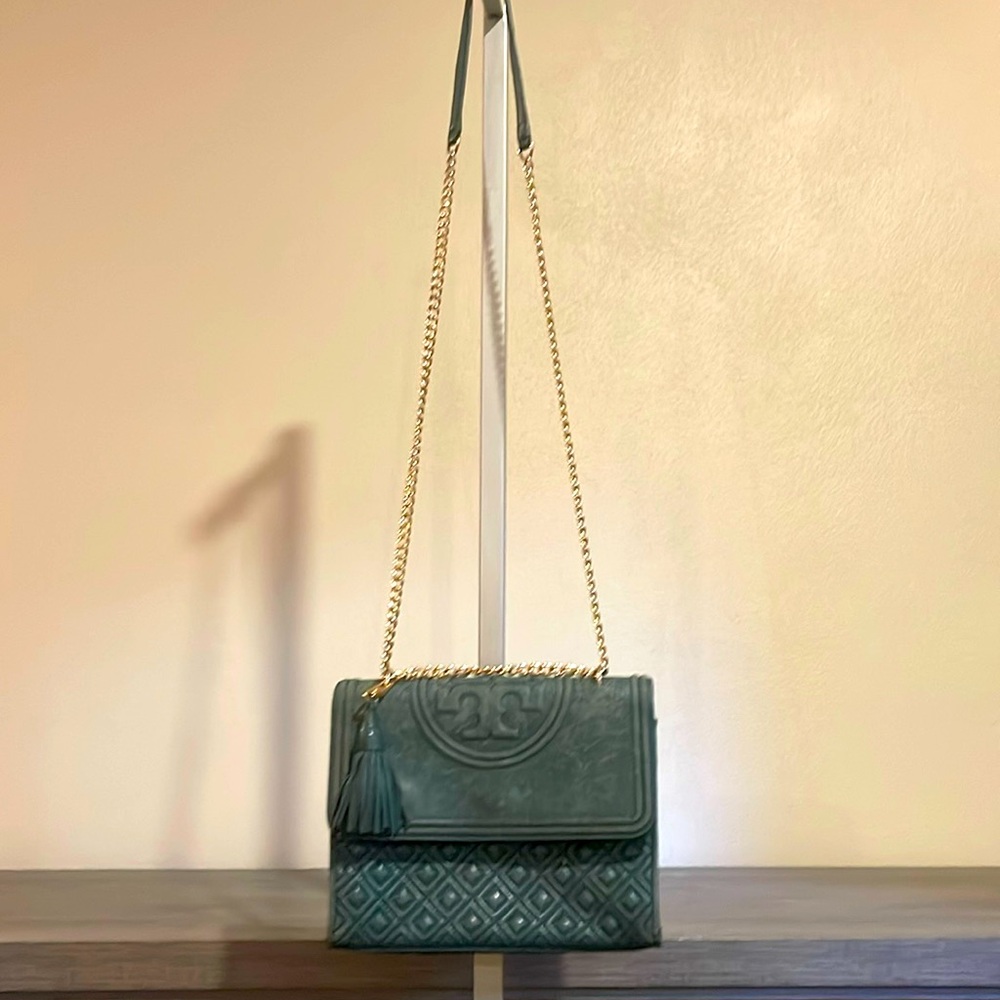 Tory Burch Fleming Shoulder Bag distressed embossed chainlink straps